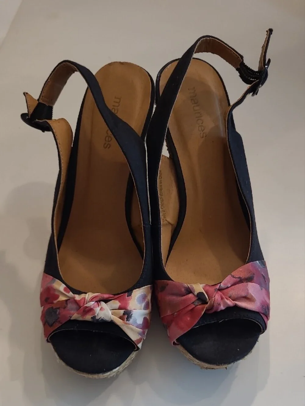 Maurices Wedge Sandals Pink Floral Knot Slingback Espadrille Peep Toe Weave Heel
